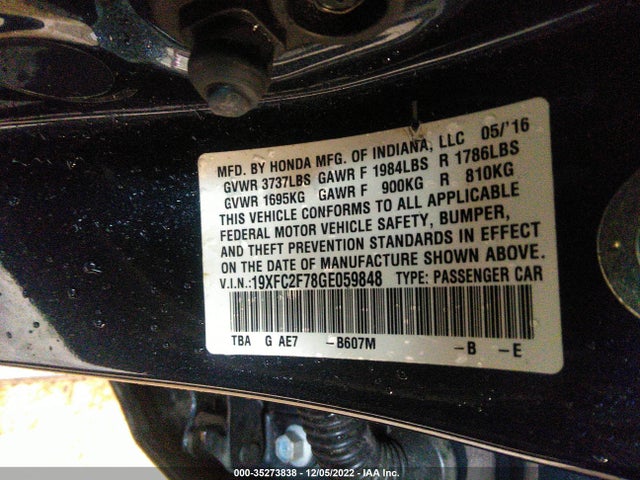 2016 HONDA CIVIC SEDAN EX VIN: 19XFC2F78GE059848