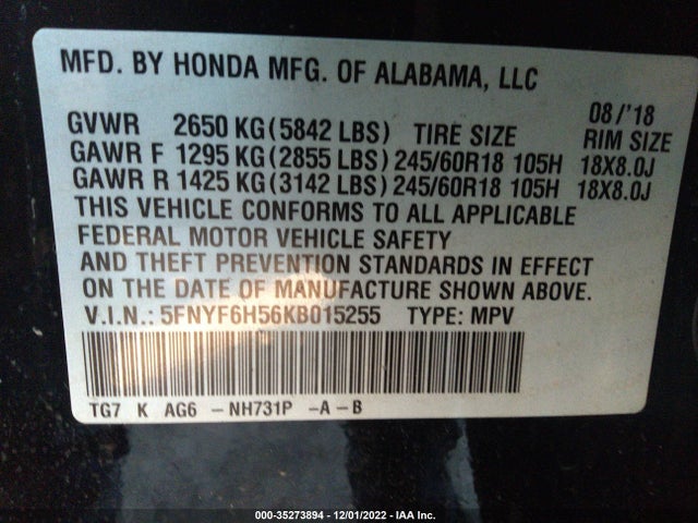 2019 Honda Pilot, VIN: 5FNYF6H56KB015255