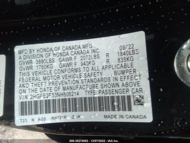 2022 Honda Civic, VIN: 2HGFE2F53NH606214