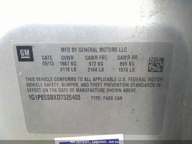 2013 CHEVROLET CRUZE 2LT VIN: 1G1PE5SBXD7325403