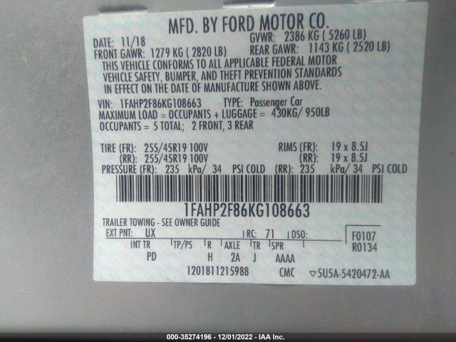 2019 Ford Taurus, VIN: 1FAHP2F86KG108663