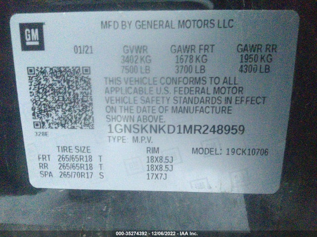 2021 Chevrolet Tahoe, VIN: 1GNSKNKD1MR248959