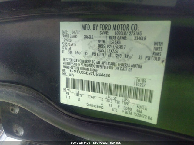 2007 FORD EXPLORER XLT VIN: 1FMEU63E97UB44455