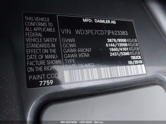 2018 Mercedes-Benz Sprinter, VIN: WD3PE7CD7JP623383
