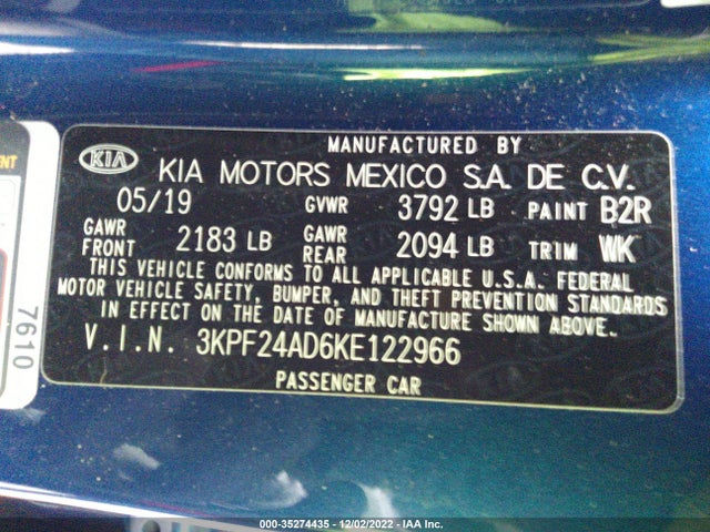 2019 Kia Forte, VIN: 3KPF24AD6KE122966