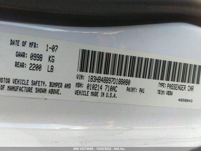 2007 DODGE CALIBER SXT VIN: 1B3HB48B97D188080