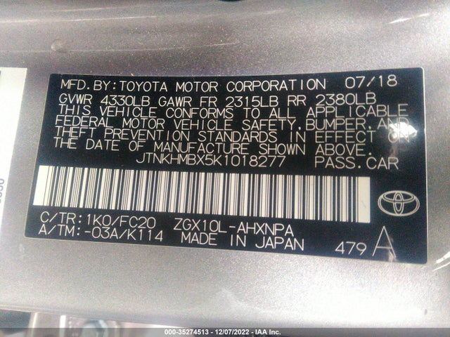 2019 TOYOTA C-HR XLE/LE/LIMITED VIN: JTNKHMBX5K1018277