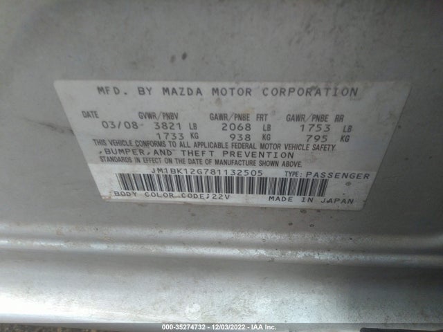 2008 MAZDA MAZDA3 I SPORT VIN: JM1BK12G781132505