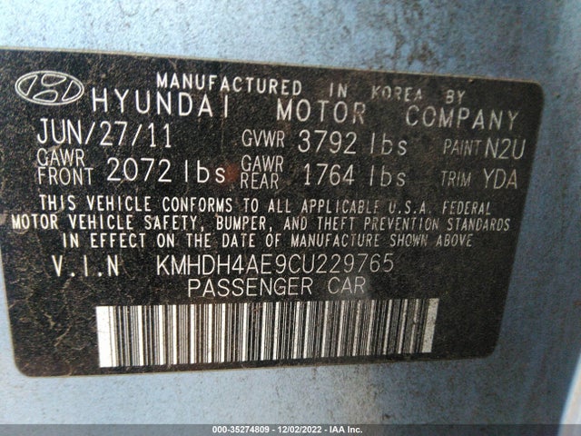 2012 HYUNDAI ELANTRA GLS PZEV VIN: KMHDH4AE9CU229765