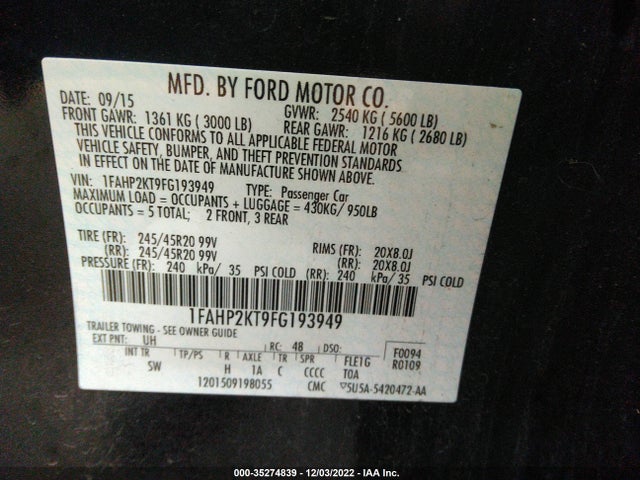 2015 Ford Taurus, VIN: 1FAHP2KT9FG193949
