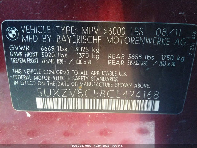 2012 BMW X5 50I VIN: 5UXZV8C58CL424168