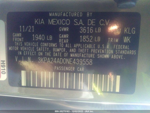 3KPA24AD0NE439558 KIA RIO S