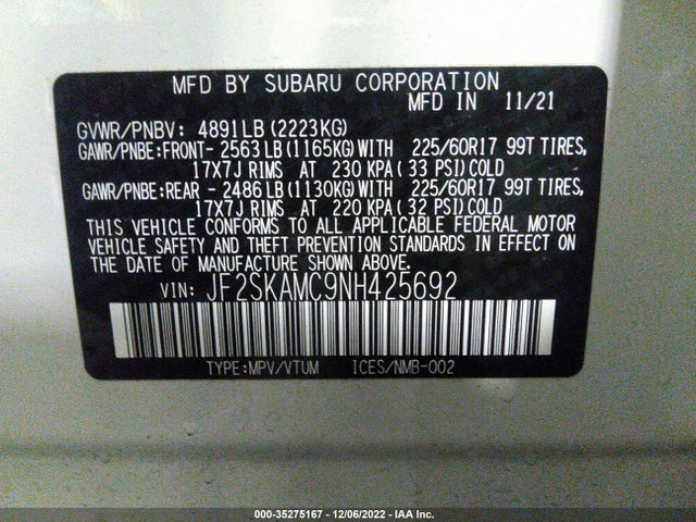 JF2SKAMC9NH425692 Subaru Forester Wilderness