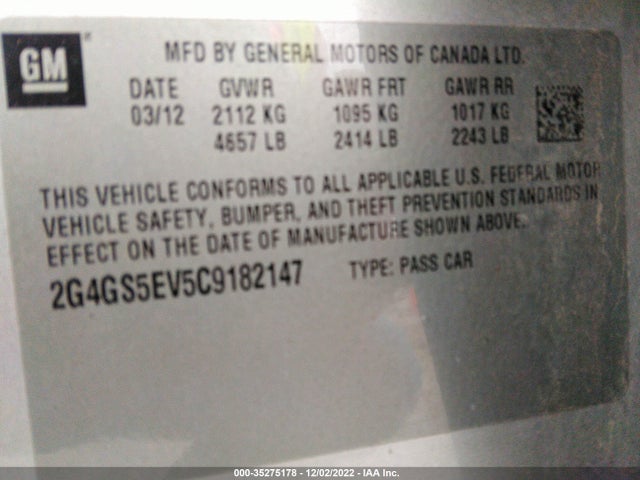 2012 BUICK REGAL TURBO PREMIUM 1 VIN: 2G4GS5EV5C9182147