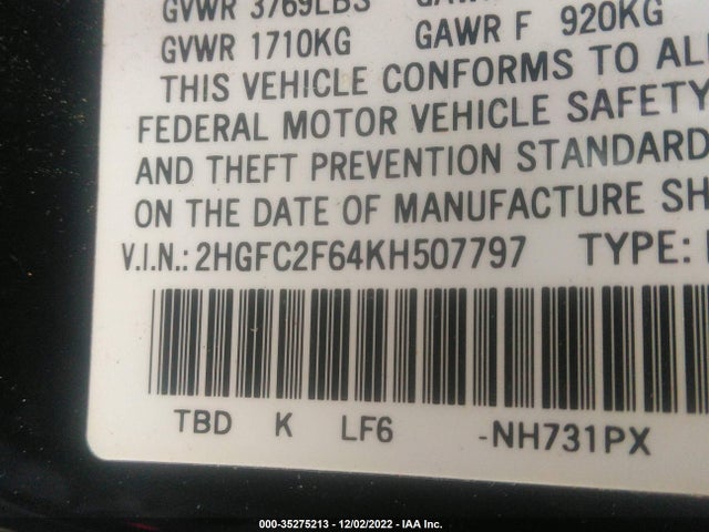 2019 HONDA CIVIC SEDAN LX VIN: 2HGFC2F64KH507797