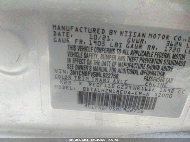 2021 Nissan Versa, VIN: 3N1CN8FV5ML922758