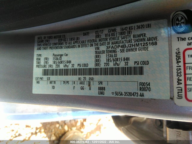 2017 FORD FIESTA SE VIN: 3FADP4BJ2HM125168