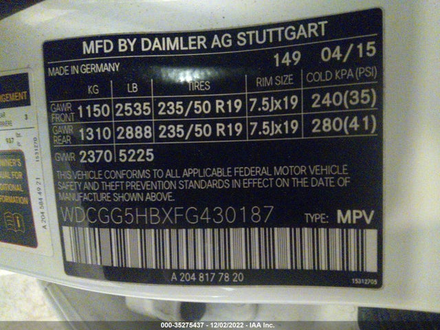 2015 Mercedes-Benz GLK-Class, VIN: WDCGG5HBXFG430187