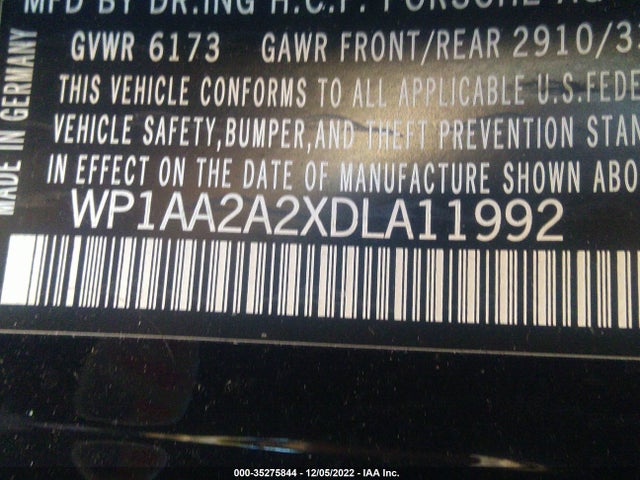 2013 PORSCHE CAYENNE VIN: WP1AA2A2XDLA11992