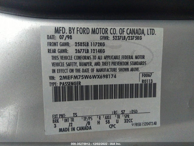 1998 MERCURY GRAND MARQUIS LS VIN: 2MEFM75W6WX698174