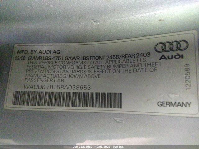 2008 AUDI A5 VIN: WAUDK78T58A038653