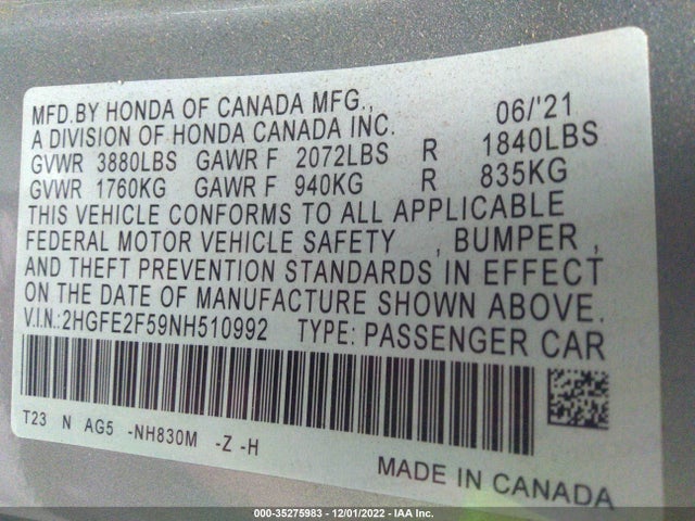 2022 Honda Civic, VIN: 2HGFE2F59NH510992