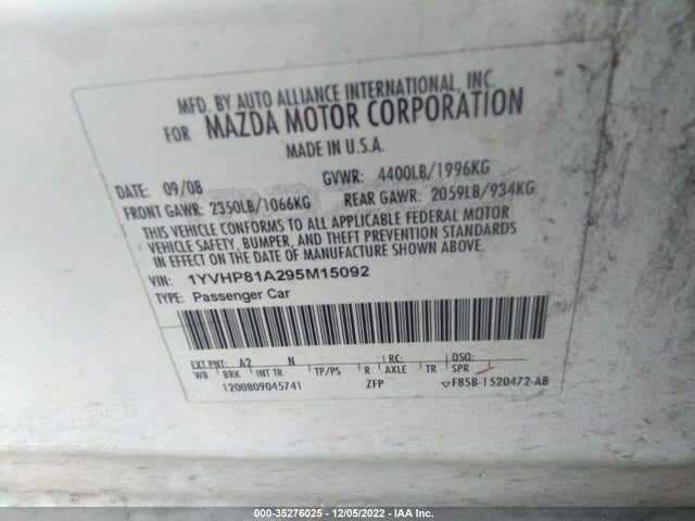 2009 MAZDA MAZDA6 I SPORT VIN: 1YVHP81A295M15092