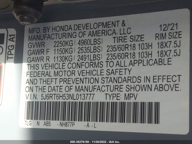 2022 Honda CR-V, VIN: 5J6RT6H53NL013777