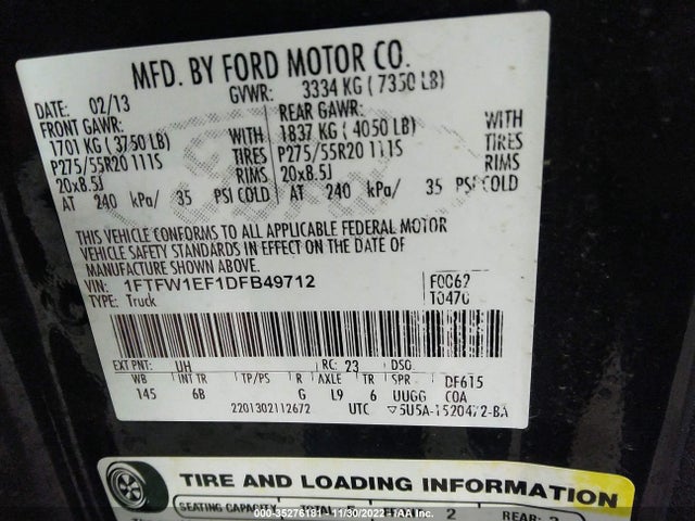 2013 FORD F-150 XL/XLT/FX4/LARIAT VIN: 1FTFW1EF1DFB49712