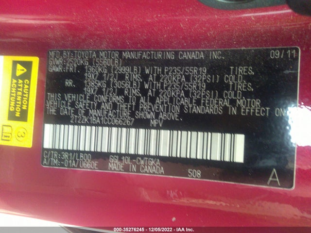 2T2ZK1BA1CC066267 Lexus RX 350