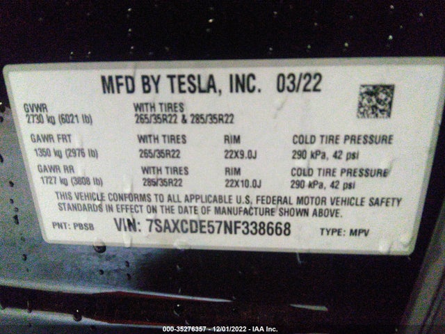 2022 Tesla Model X, VIN: 7SAXCDE57NF338668