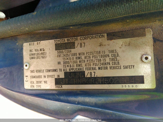 1987 TOYOTA PICKUP RN63 STD VIN: JT4RN63R3H5026645