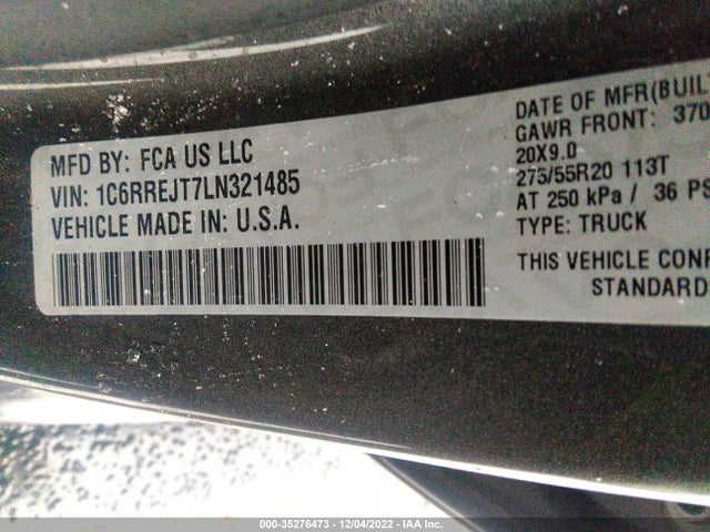 2020 Ram 1500, VIN: 1C6RREJT7LN321485