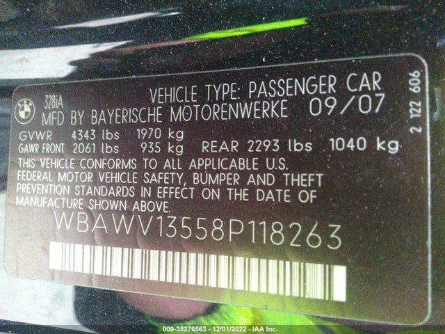 2008 BMW 3 SERIES 328I VIN: WBAWV13558P118263