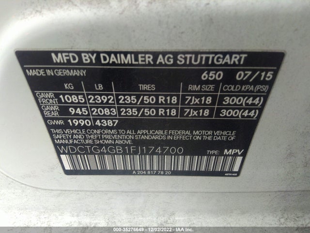 2015 Mercedes-Benz GLA-Class, VIN: WDCTG4GB1FJ174700
