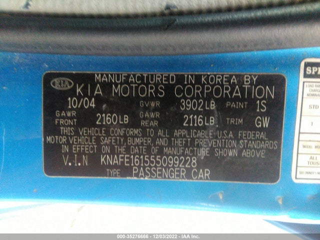2005 KIA SPECTRA VIN: KNAFE161555099228