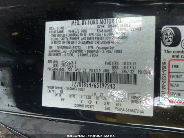 2006 FORD MUSTANG GT VIN: 1ZVHT85H765192243