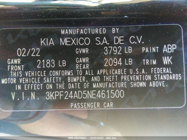 3KPF24AD5NE461500 KIA Forte Lxs