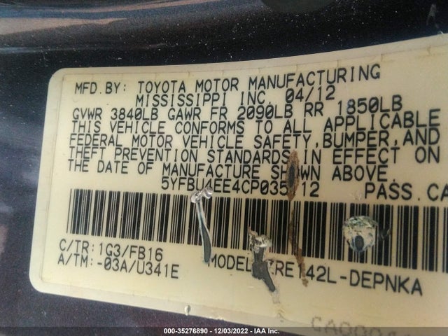 2012 TOYOTA COROLLA L/LE/S VIN: 5YFBU4EE4CP035112