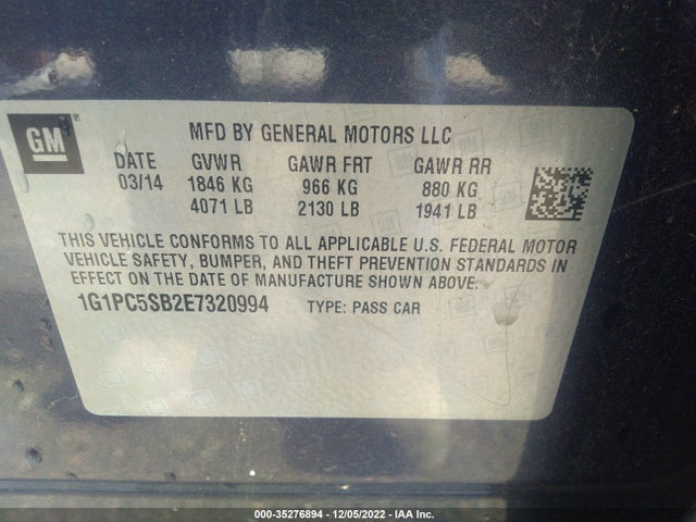 2014 CHEVROLET CRUZE 1LT VIN: 1G1PC5SB2E7320994