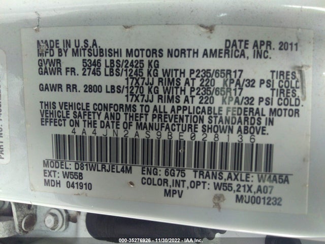 2011 MITSUBISHI ENDEAVOR LS VIN: 4A4JN2AS9BE028136