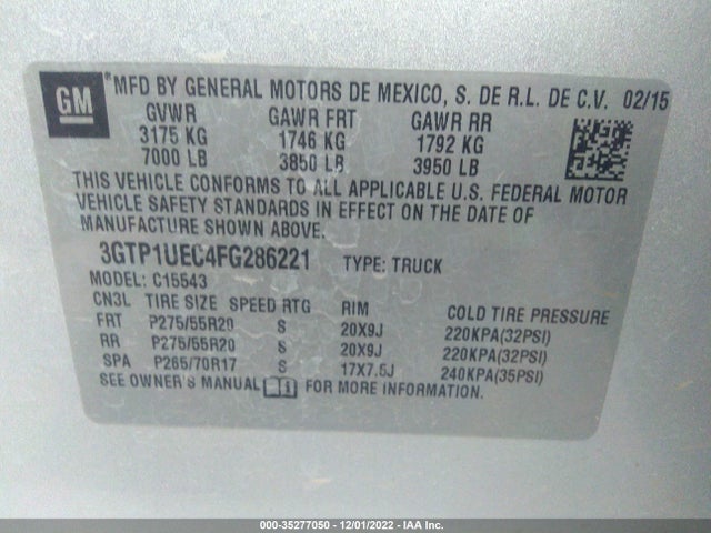 2015 GMC SIERRA 1500 SLE VIN: 3GTP1UEC4FG286221
