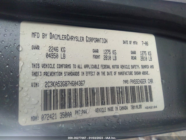 2007 CHRYSLER 300 LIMITED VIN: 2C3KA53G87H604367