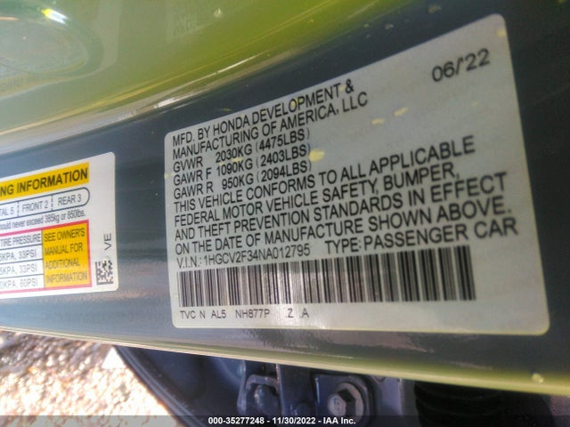2022 HONDA ACCORD SEDAN SPORT VIN: 1HGCV2F34NA012795