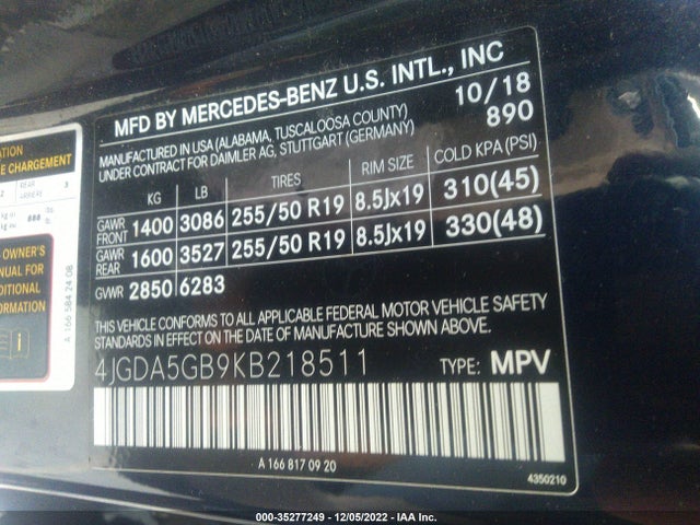 2019 Mercedes-Benz GLE-Class, VIN: 4JGDA5GB9KB218511