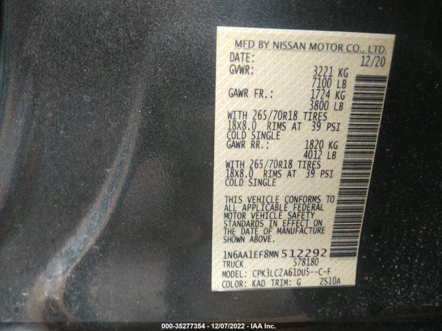 2021 Nissan Titan, VIN: 1N6AA1EF8MN512292