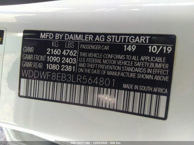 2020 MERCEDES-BENZ C-CLASS C 300 VIN: WDDWF8EB3LR564801