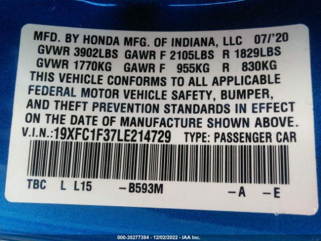 19XFC1F37LE214729 Honda Civic Sedan Ex