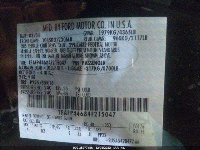 2004 FORD MUSTANG DELUXE/PREMIUM VIN: 1FAFP44684F215047