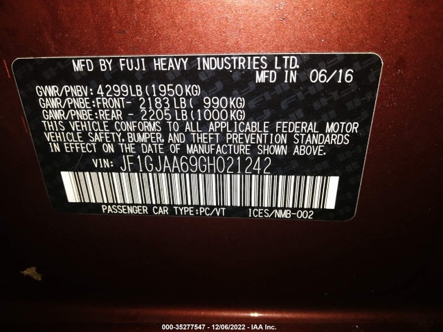 Subaru IMPREZA SEDAN 2016 JF1GJAA69GH021242 Image 10